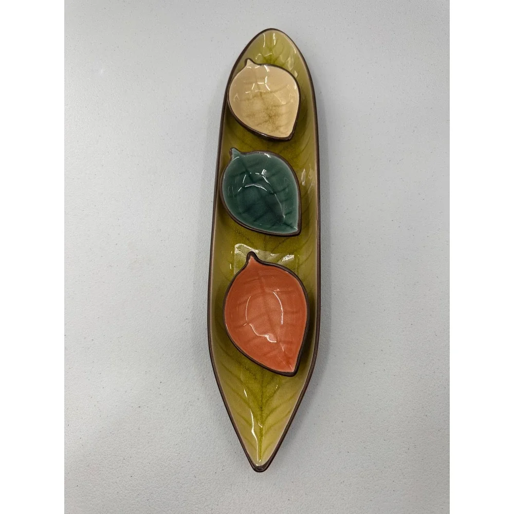 Pier 1 Imports Leaf Serving Tray Set Stoneware 4pc Green Dipping Bowls Farmhouse